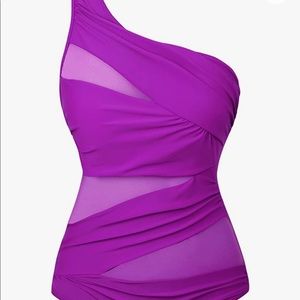 Runtlly One Piece Purple Swimsuit One Shoulder with See Through Mesh Style